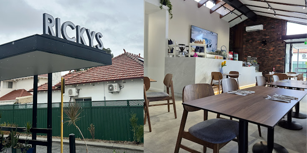 Ricky's storefront signage and interior seating